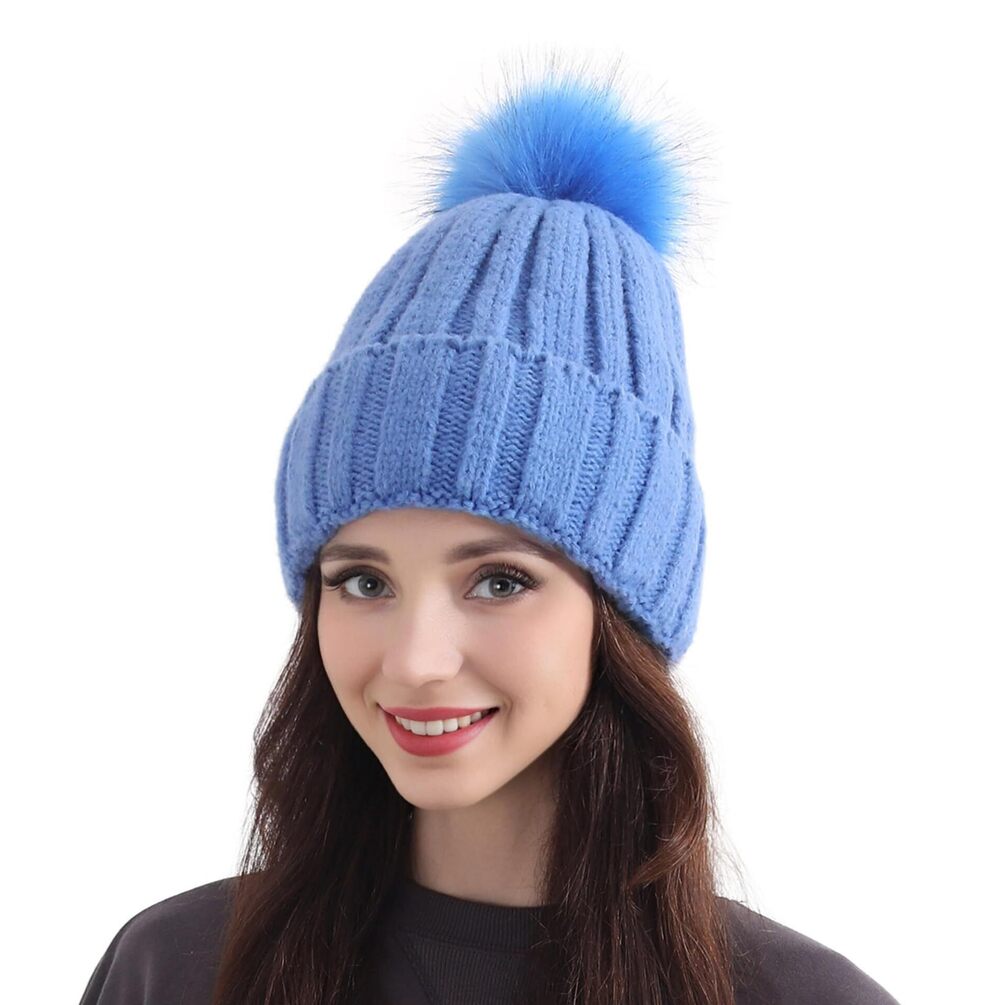 3564 Faux Fox Fur Pom Pom Hat Winter Wear Lined Blue Beanie Warm Winter
